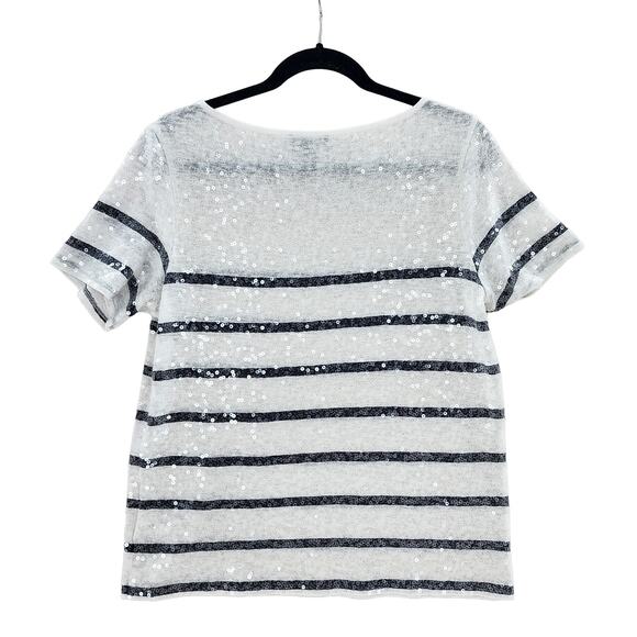 Express Sequin Women's Blouse Knit White Navy Stripe Short Sleeve Top Medium - Picture 2 of 8